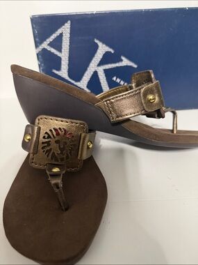 Anne Klein Brown Leather T-Strap Sandals with Embellished Buckle